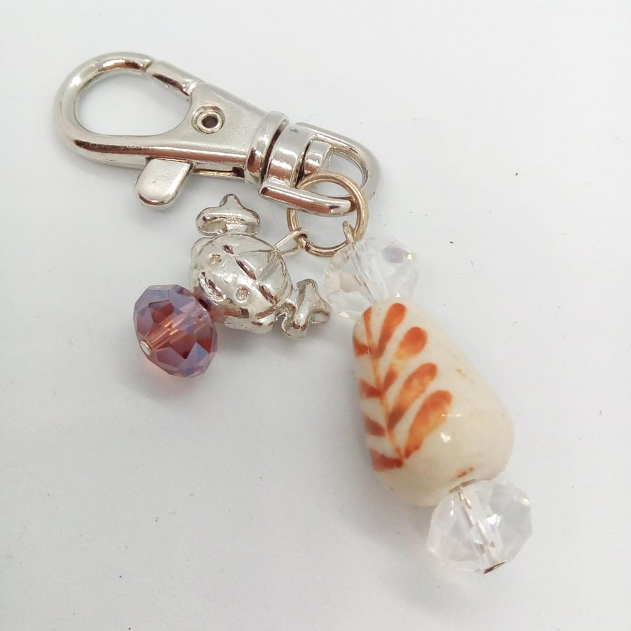 Cream Porcelain Bead Bag Charm with a Silver Girl's Head Charm, Gift for Her