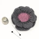 Felted flower brooch - dark grey and pink anemone