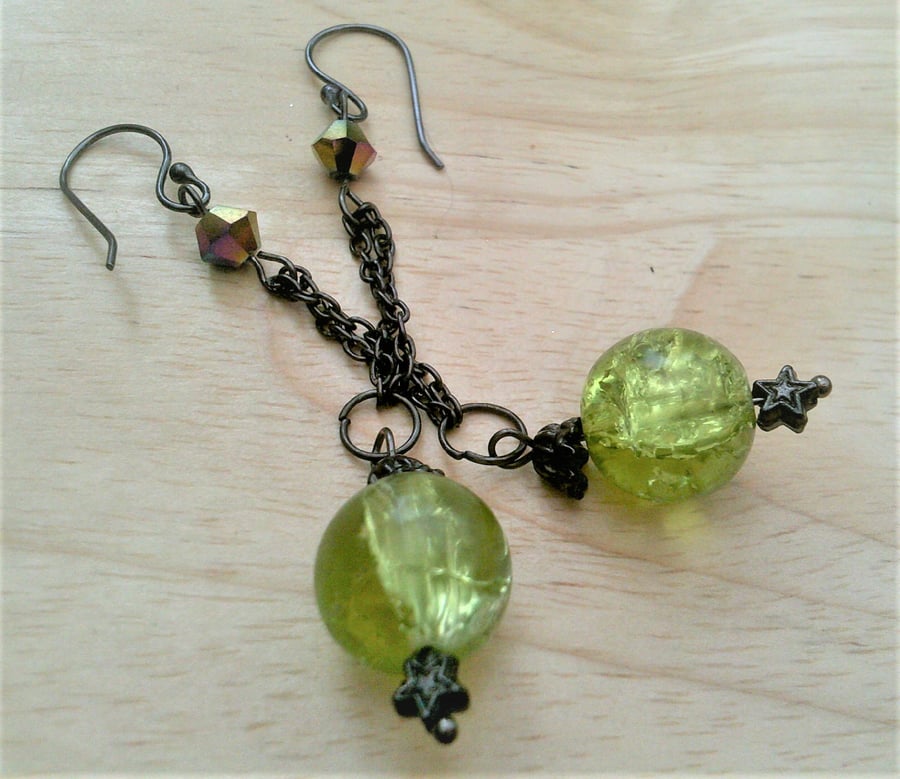 Green Crackled Glass Earrings, Yellow Glass Earrings, Long Chain Earrings