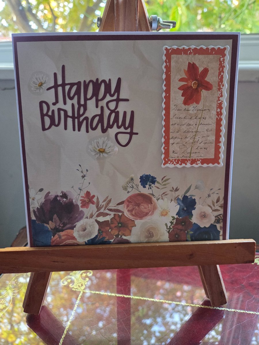 Floral Happy Birthday Card – Handmade Burgundy & Red Flower Birthday Card