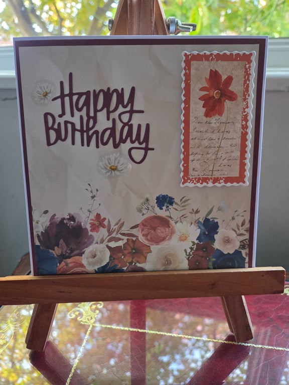 Floral Happy Birthday Card – Handmade Burgundy & Red Flower Birthday Card