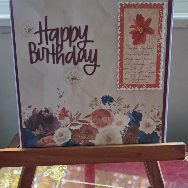 Floral Happy Birthday Card – Handmade Burgundy & Red Flower Birthday Card