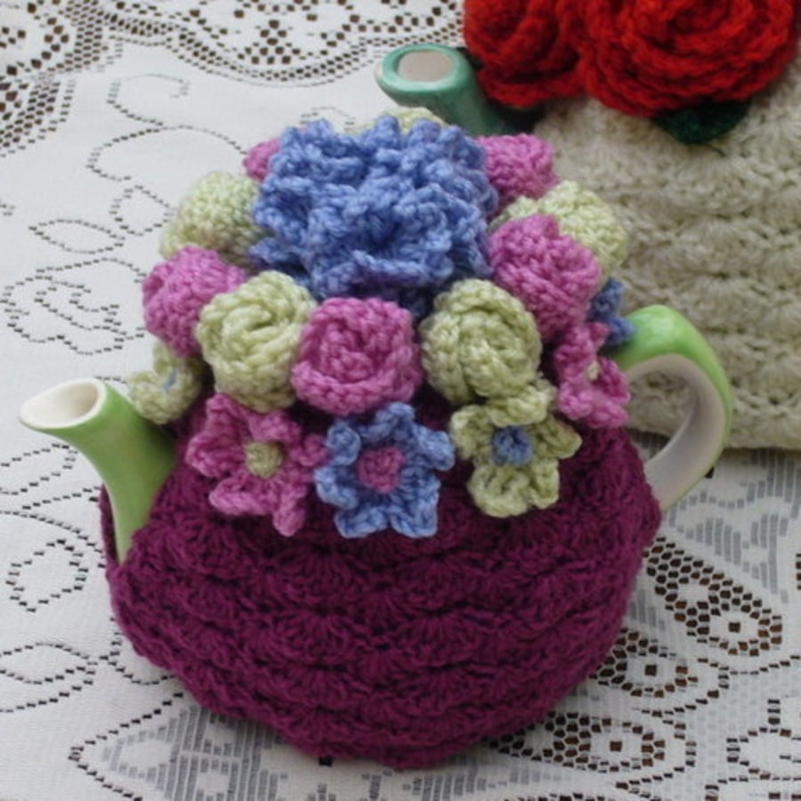 2-Cup Crochet Tea Cosy with Multi-Flower Garden Top (Made to order)