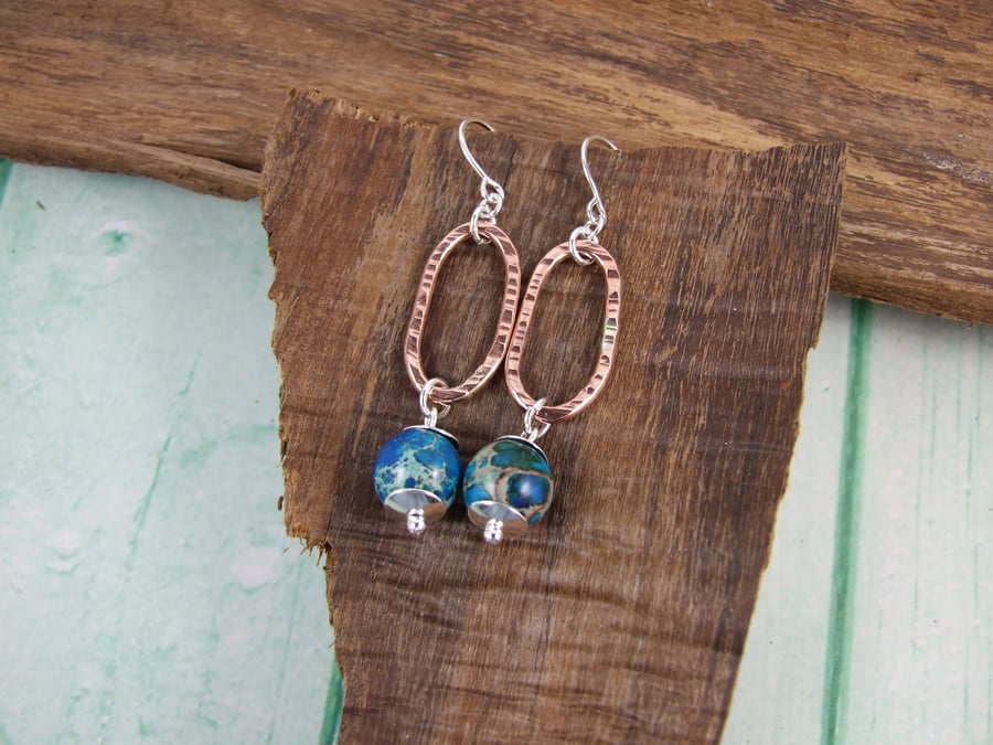 Earrings, Sterling Silver and Copper Long Dropper with Blue Jasper Gemstones