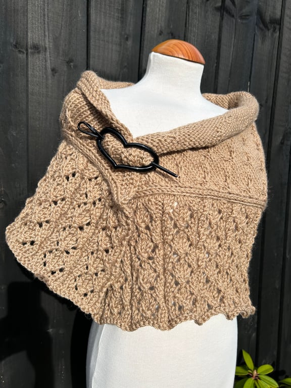 Soft merino wool rich camel brown bottom up textured & lace hand knitted shawl 