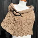 Soft merino wool rich camel brown bottom up textured & lace hand knitted shawl 