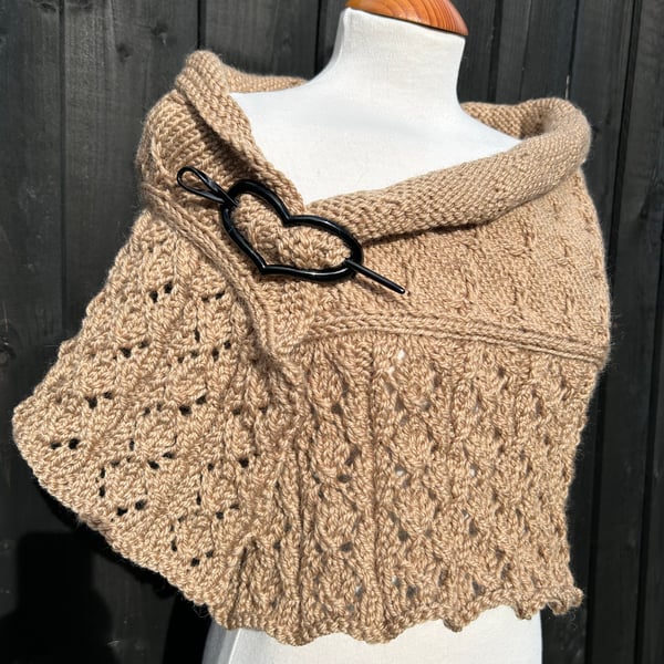 Soft merino wool rich camel brown bottom up textured & lace hand knitted shawl 