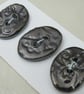 3 Medium Oval Metallic Silver Brocade Pattern Ceramic Buttons - Image 2