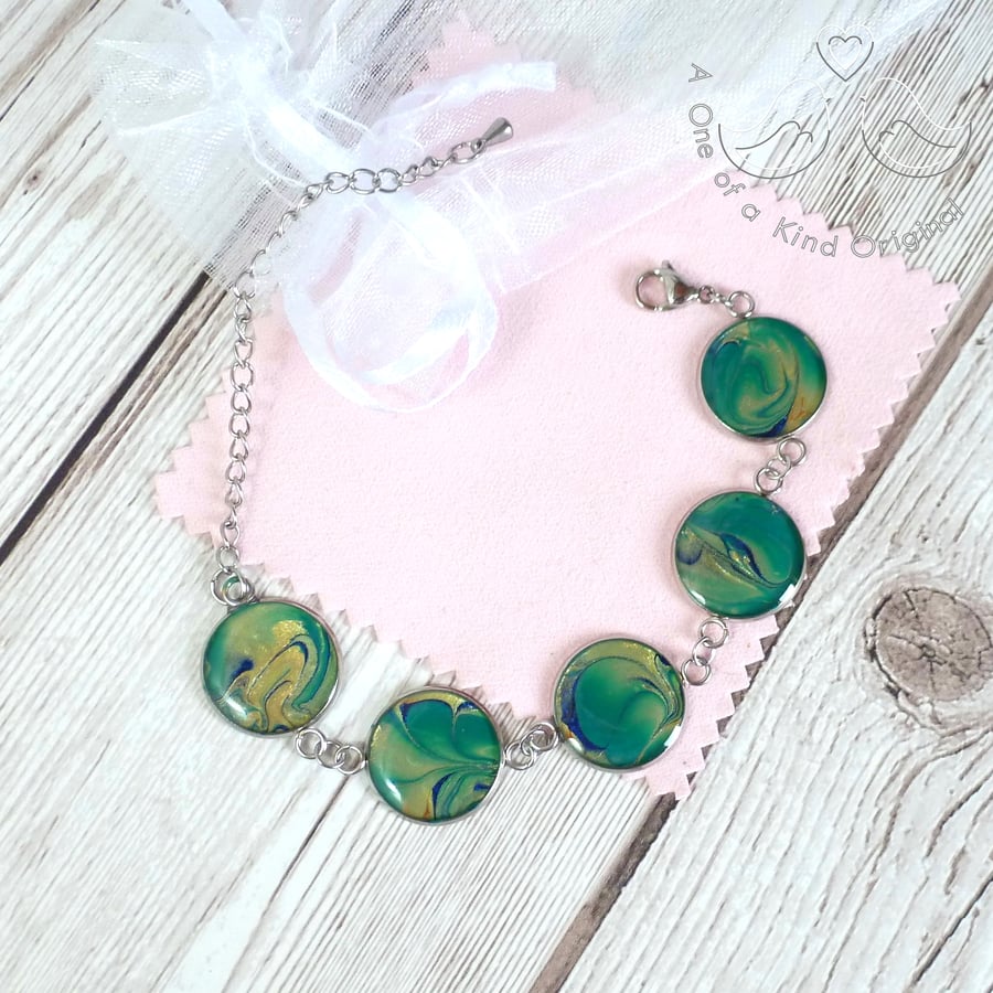Unique sea-green gold and blue bracelet, ooak dainty adjustable steel bracelet 