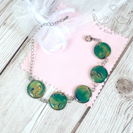 Unique sea-green gold and blue bracelet, ooak dainty adjustable steel bracelet 