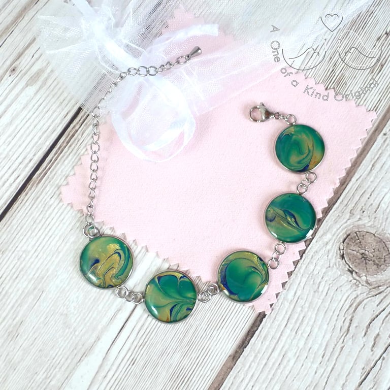 Unique sea-green gold and blue bracelet, ooak dainty adjustable steel bracelet 