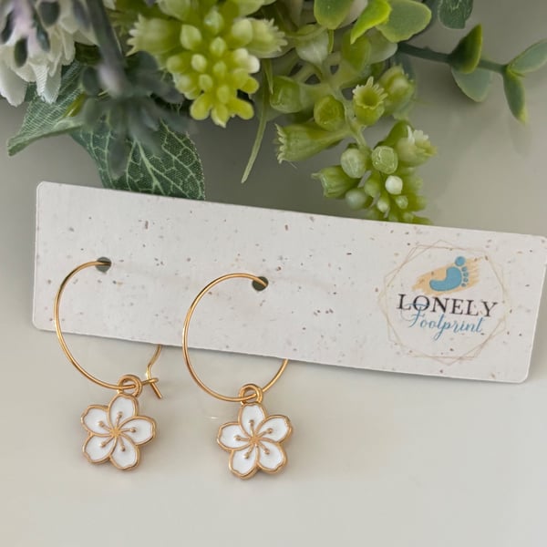 White Blossom Hoop Earrings, Floral Charms, Handmade Jewellery 