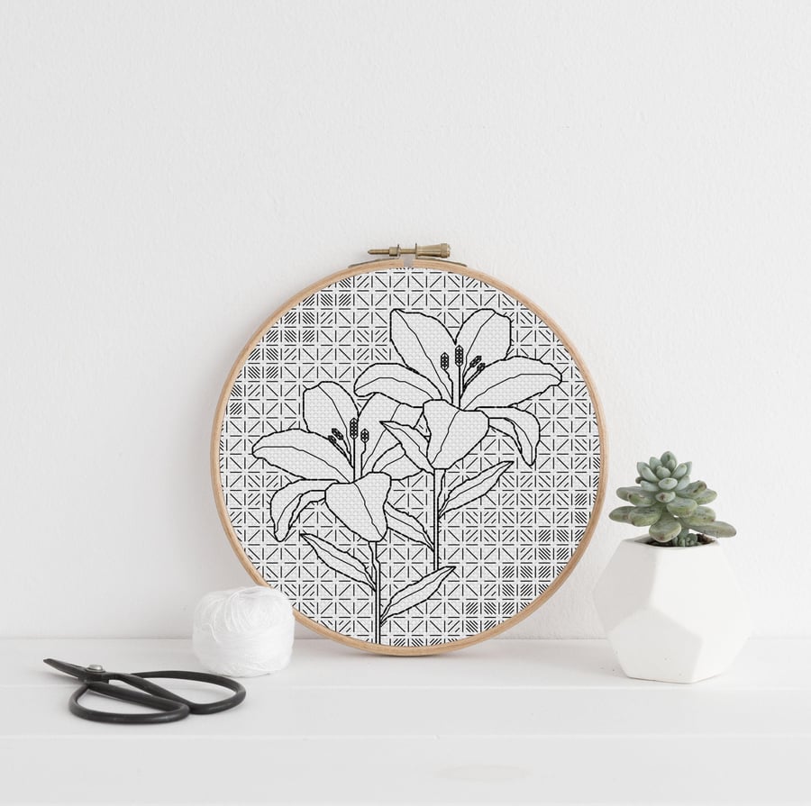Lily Blackwork Embroidery Chart: Floral Stitch PDF (Download)