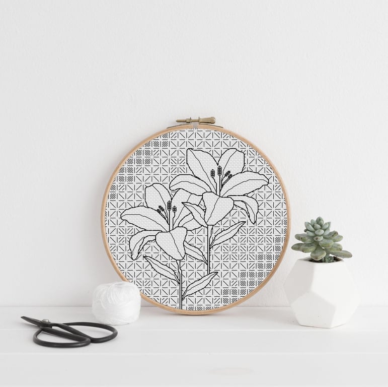 Lily Blackwork Embroidery Chart: Floral Stitch PDF (Download)