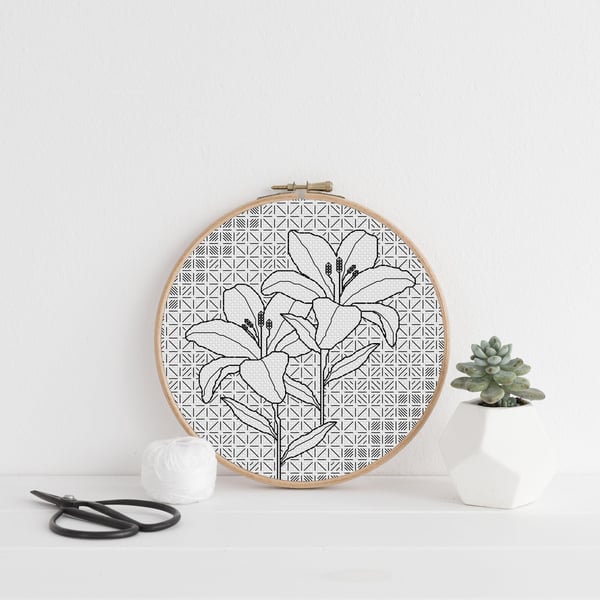 Lily Blackwork Embroidery Chart: Floral Stitch PDF (Download)