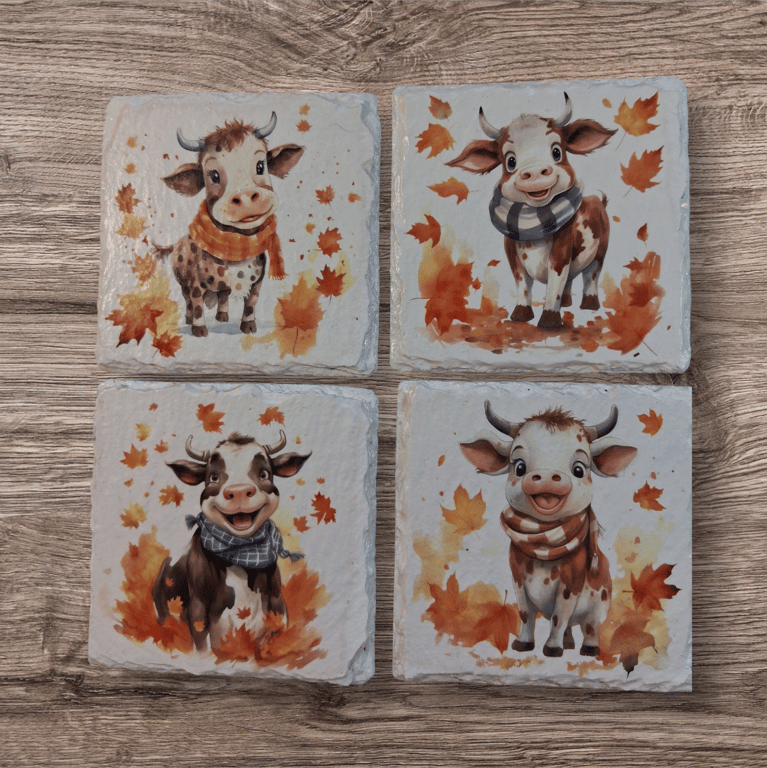 Cows Wearing Pretty Scarves Decoupaged Slate Coasters Set of 4