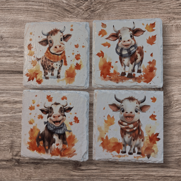 Cows Wearing Pretty Scarves Decoupaged Slate Coasters Set of 4