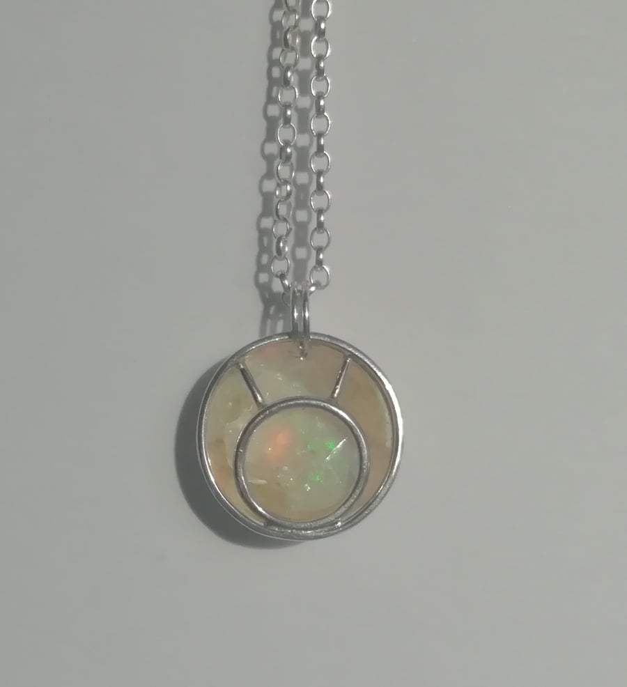 Silver Dish Necklace with a Raw Opal