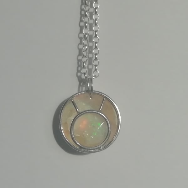 Silver Dish Necklace with a Raw Opal