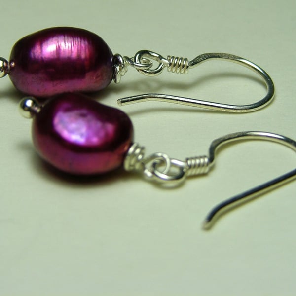 Deep Purple Freshwater Pearl and Sterling Silver Earrings.