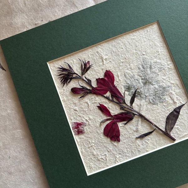 Original Floral Art Featuring Pressed Flowers, Green Mount