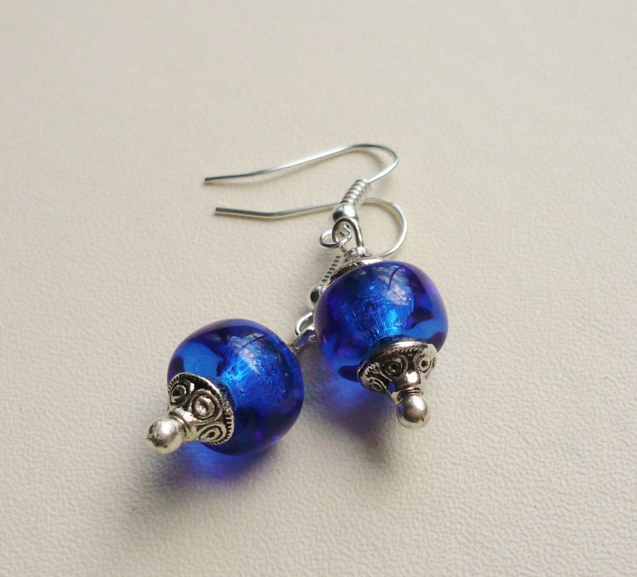 Royal Blue Clear Glass Beaded Tibetan Silver Earrings   KCJE1113