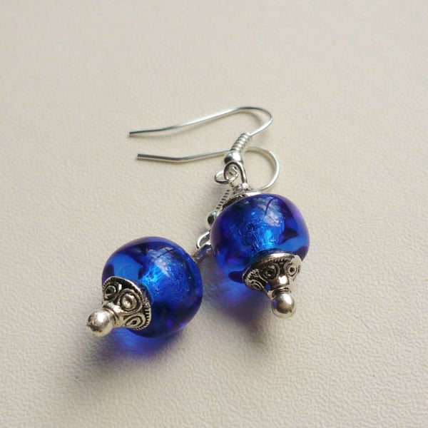 Royal Blue Clear Glass Beaded Tibetan Silver Earrings   KCJE1113