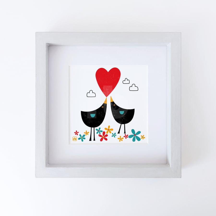 Blackbirds In Love, modern bird illustration, original Giclee print