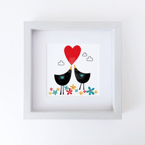 Blackbirds In Love, modern bird illustration, original Giclee print