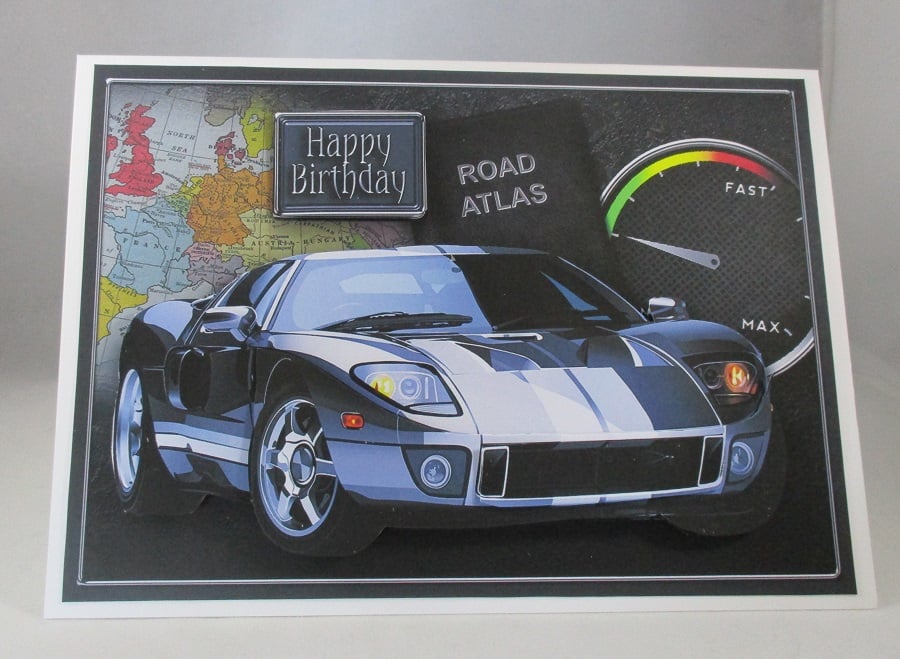 Handmade Silver Blue Sports Car Birthday Card,  3D.Personalise,