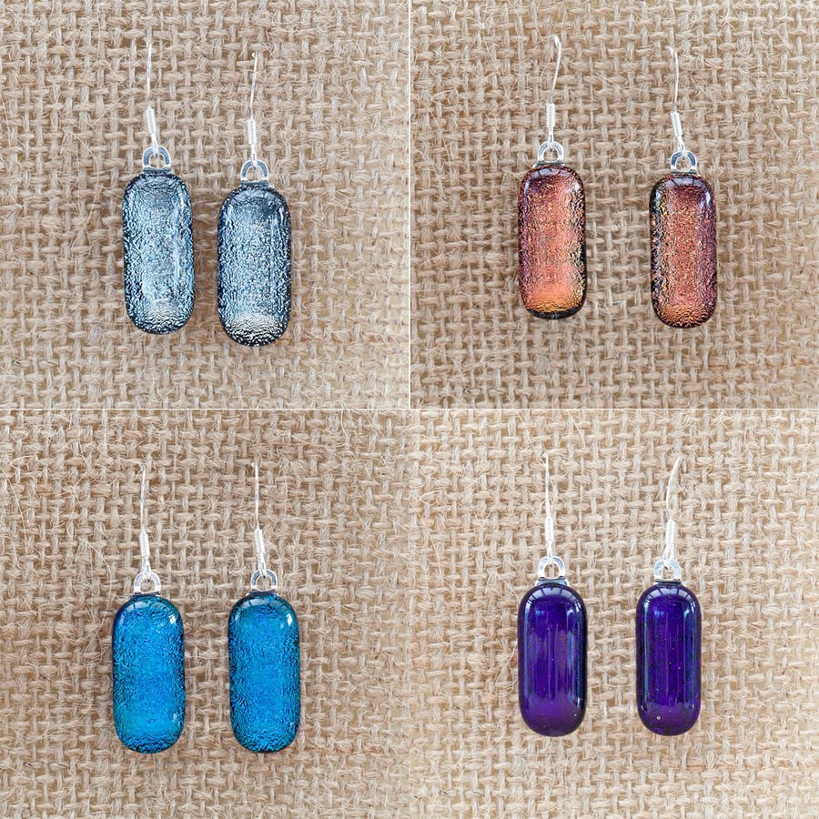Colourful Dichroic Fused Glass Sterling Silver Drop Dangly Earrings