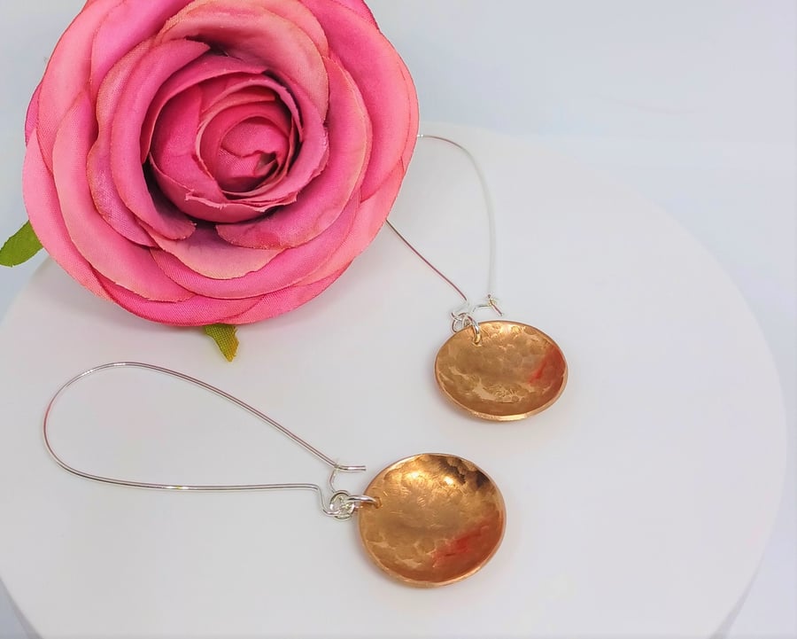 Hammered Copper Domed Disc Earrings on Long Sterling Silver Earwire, Silver and 