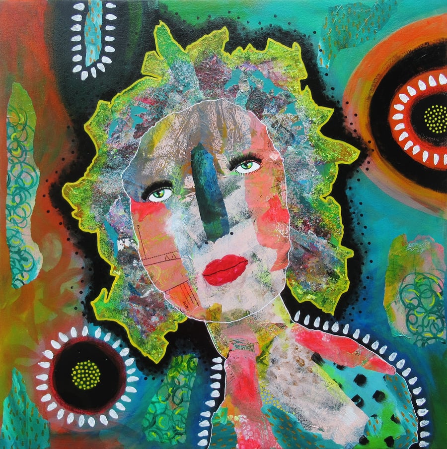 Large Female Portrait Painting Folk Outsider Art Green Orange Figurative Artwork