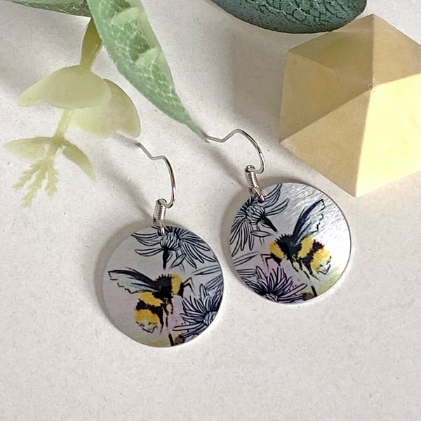 Earrings with bees, drop dangle discs, sterling silver ear wires E19-533