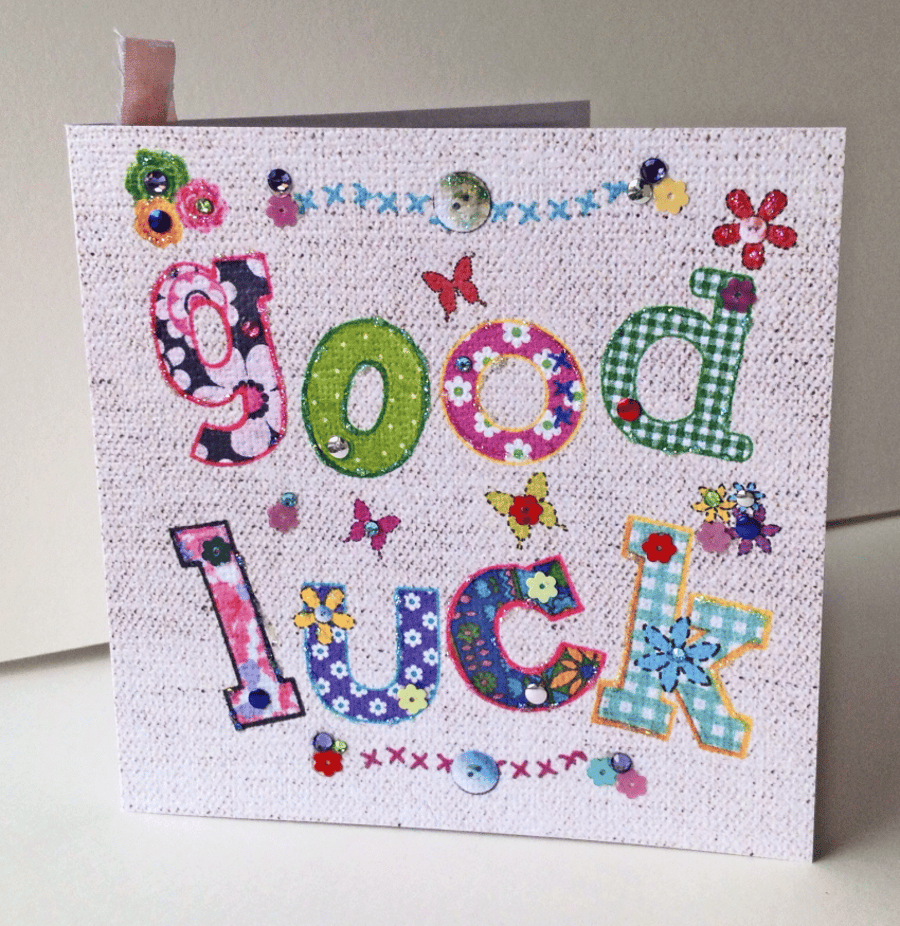 Greeting Card,Good Luck,Printed Applique Design,Hand Finished Card