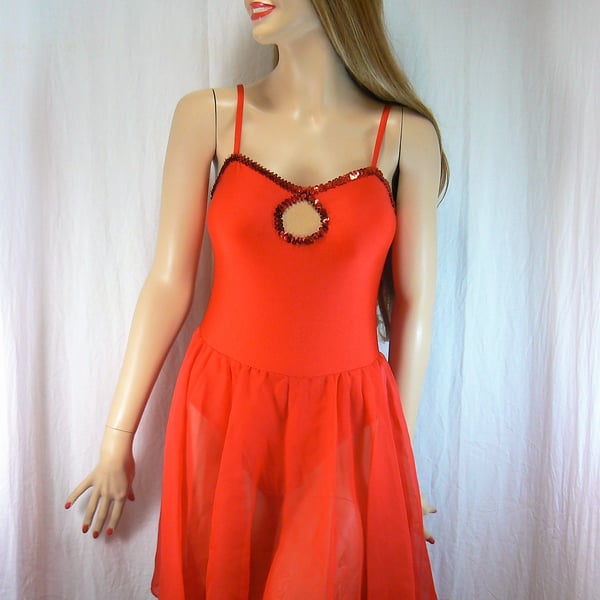 Red camisole dress with chiffon skirt and sequin trim