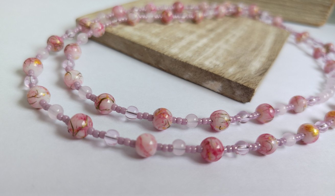 Pink and White Marble Effect Necklace with Lilac and Gold