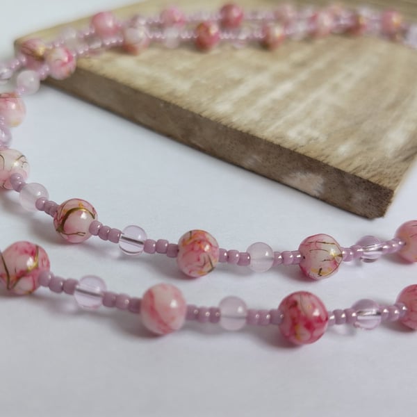 Pink and White Marble Effect Necklace with Lilac and Gold