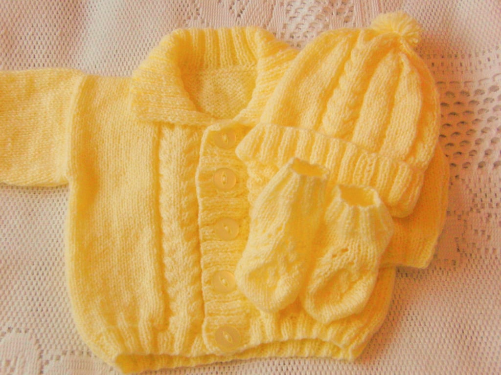 Hand Knitted Baby Jacket Hat and Bootees Set, Baby Shower Gift, New Baby Gift