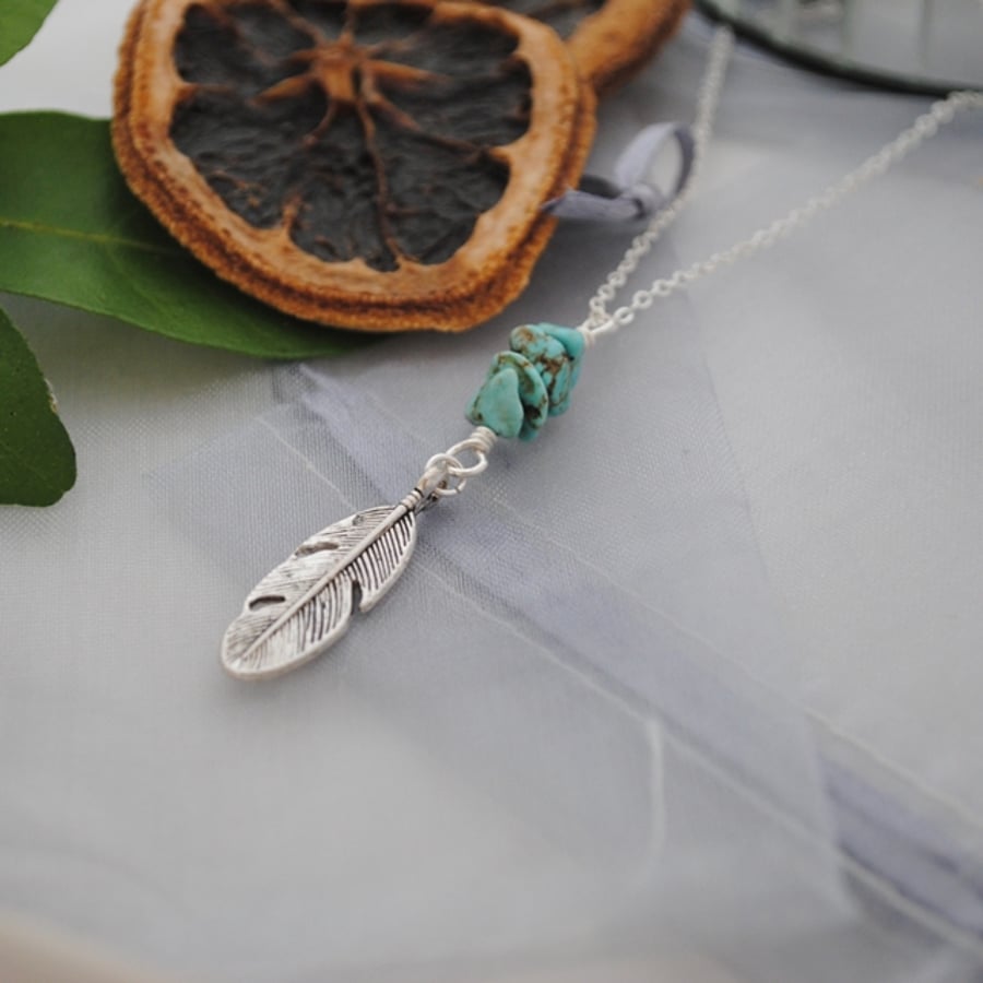 Turquoise & silver leaf long layering necklace