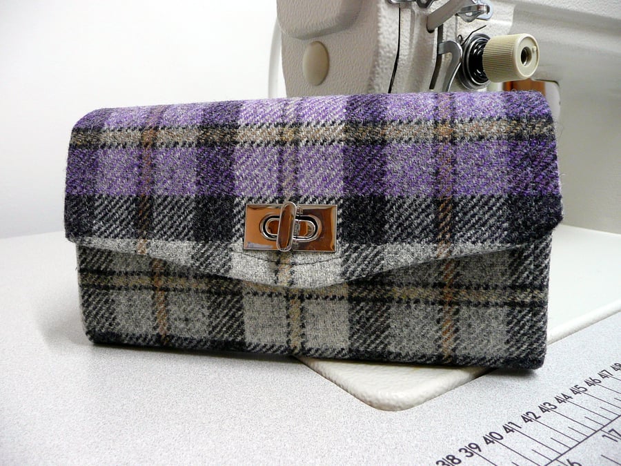 ladies wallet, NCW, necessary clutch wallet, purple grey tweed purse,