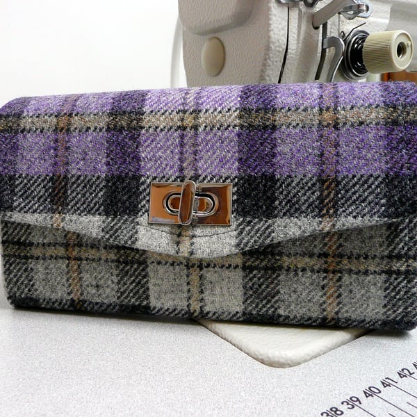 ladies wallet, NCW, necessary clutch wallet, purple grey tweed purse,