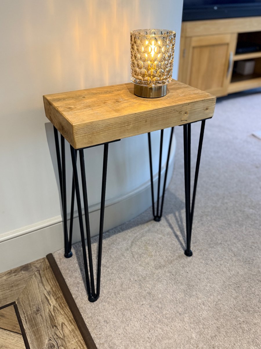 Reclaimed Scaffold Board Slim Side Table - Chunky Rustic Top - Hairpin Legs