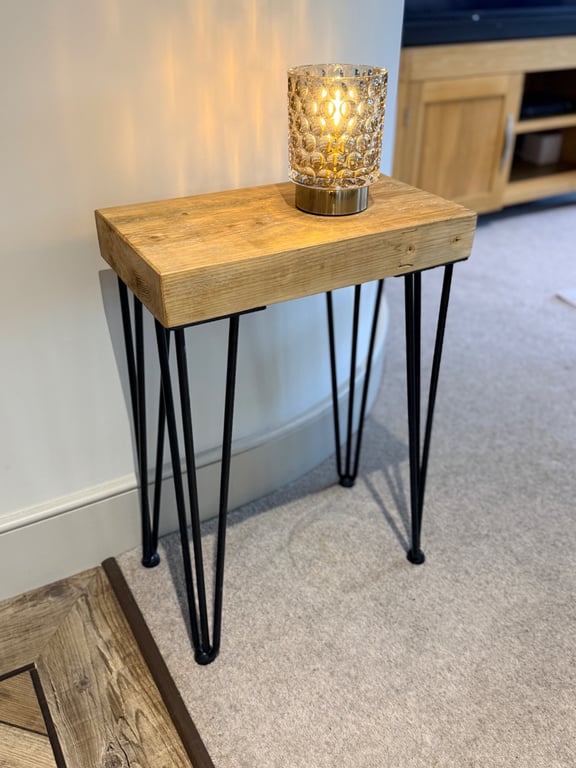 Reclaimed Scaffold Board Slim Side Table - Chunky Rustic Top - Hairpin Legs
