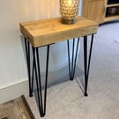 Reclaimed Scaffold Board Slim Side Table - Chunky Rustic Top - Hairpin Legs
