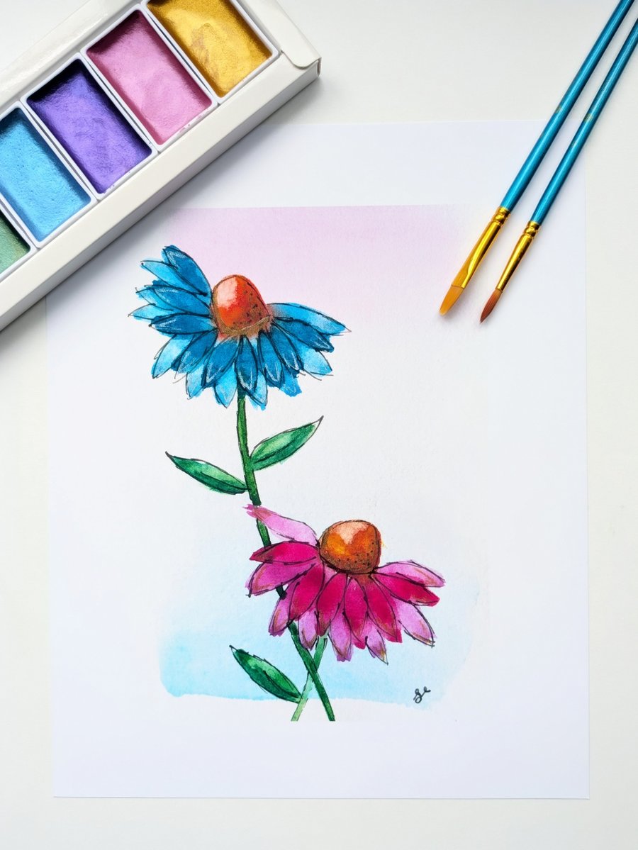 Blue and pink watercolour daisy flower painting, digital print of an original