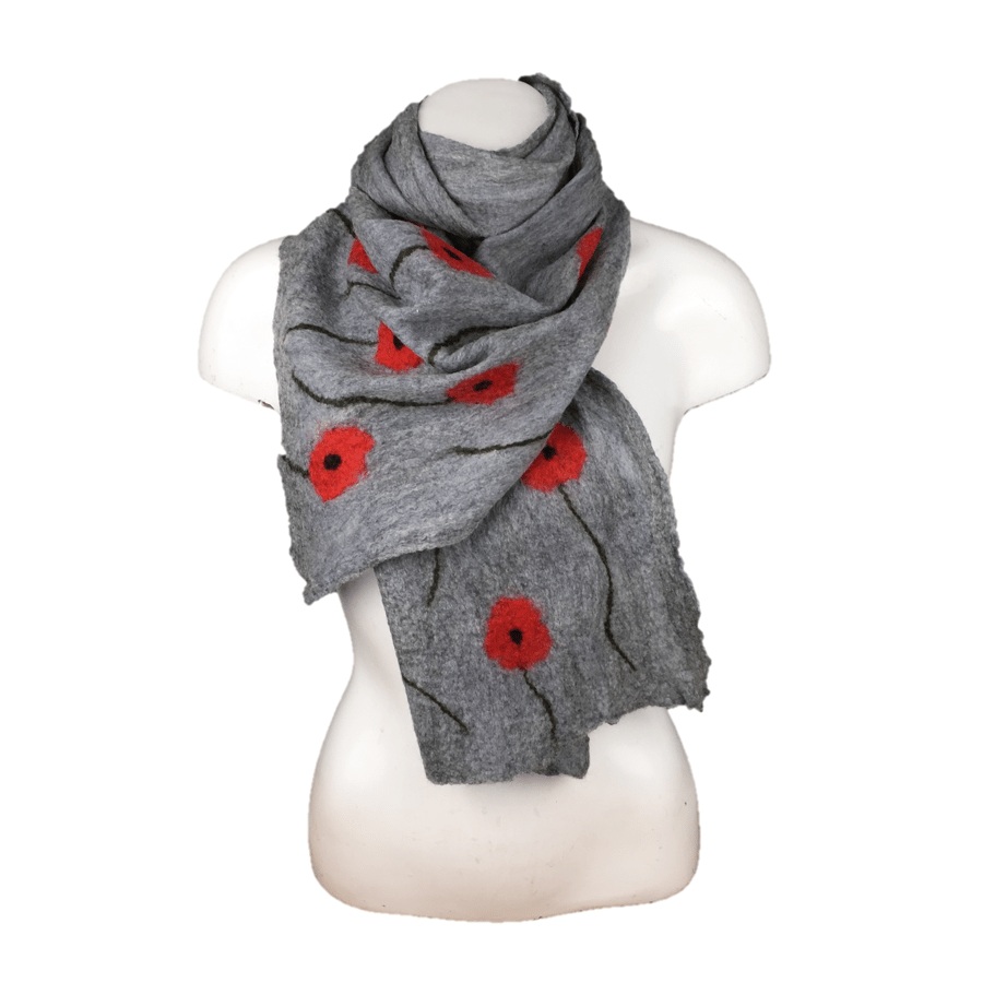 Grey poppy nuno felted scarf, longer length, merino wool on silk chiffon