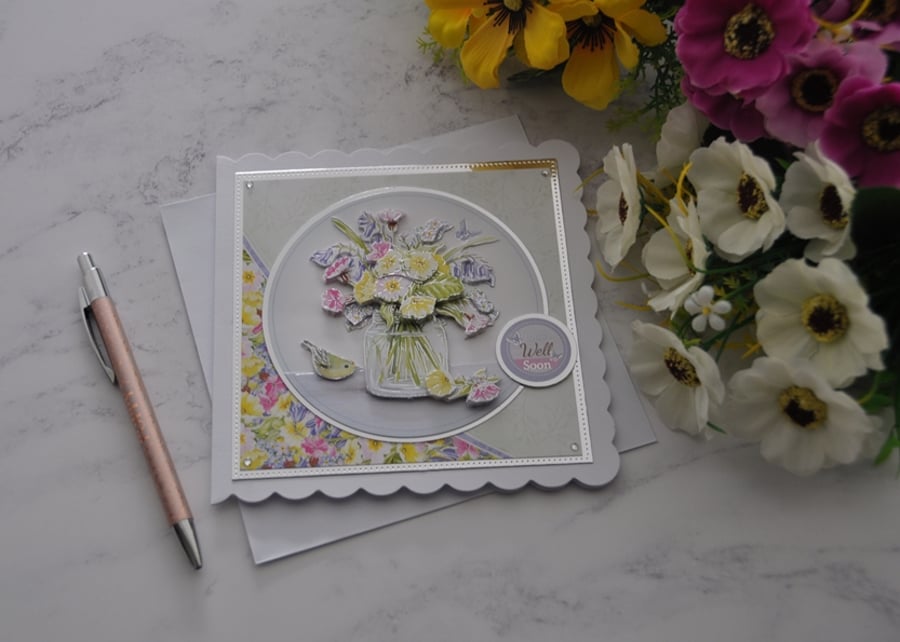 Get Well Soon Card Vase of Flowers Yellow Bird 3D Luxury Handmade Card