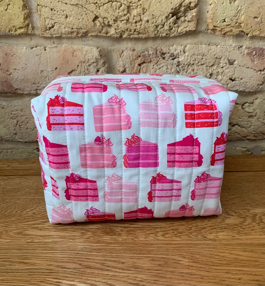 Pink Cake Slices Print Quilted Fabric Box Shape Wash Bag