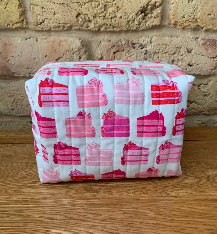 Pink Cake Slices Print Quilted Fabric Box Shape Wash Bag